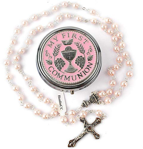 HanlinCC 6mm Glass Pearl Prayer Beads First Communion Rosary with Chalice Center Piece and Crucifix in Anti-Silver Plated Pack in Holy Cup Metal Gift Box, Glass