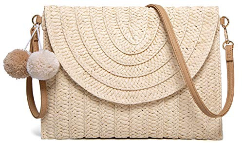 Straw Crossbody Shoulder Bag with PomPom - Summer Beach Hand-woven Envelope Clutch Purse Wallet for Women