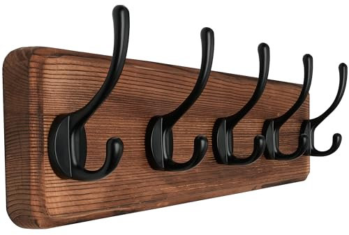 SKOLOO Garderobenleiste Holz Braun, 44 cm langer, hölzerner Kleiderhaken Wand, Rustikaler Stil, Stabil garderobenhaken mit 5 Haken