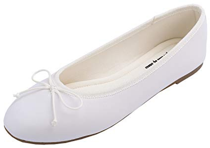Feversole dammode rund tå balett platta pumps dra på rosett detalj dockskor, Vit Napa, 36.5 EU