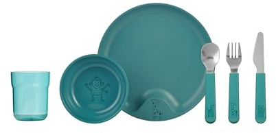 Mepal – Kinder Geschirrset 6-teilig Mepal Mio – Kinder Geschirr – Inklusive Kinderglas, Kinderteller, Kinderschale und Kinderbesteck – Spülmaschinengeeignet & BPA-frei – 6-teilig – Deep turquoise