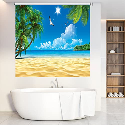 LJHU Rollos für Fenster Ohne Bohren 3D Kein Bohrendes Rollo mit Strandmuster, wasserdichte Badezimmer Hotel Vorhänge Herunterziehen, 60/70/80/90/100/110/120/130/140 cm Breite