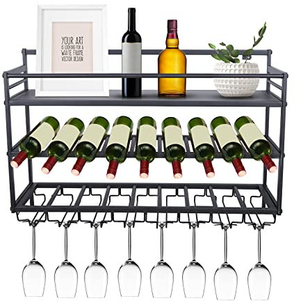 Estantería de pared para vino de 3 pisos, de metal, para colgar en la pared, soporte para copas de vino, 80 x 25 x 55 cm, color negro
