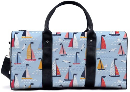 Handbemalte Segelboote und Möwen Reisegepäck Seesack mit verstellbarem Riemen Cartoons Sporttasche Leichte Canvas Gym Tote Bag für Damen und Herren, multi, L, Reisetasche