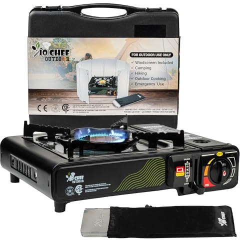 Jo Chef Butane Camping Stove - 9,500 BTU Portable Gas Stove for Camping/Road Trips with Windshield, CSA Certified, Brass Burner, Fast Heat Up Time