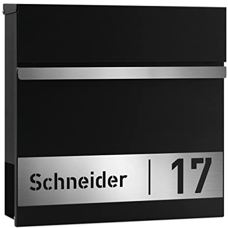 Albers Design Briefkasten Schwarz Edelstahl [WASSERDICHT] - Briefkasten mit Name in Eisenglimmer - Wandbriefkasten mit Namensschild Postkasten Schwarz (Made in Germany) briefkasten mit Hausnummer