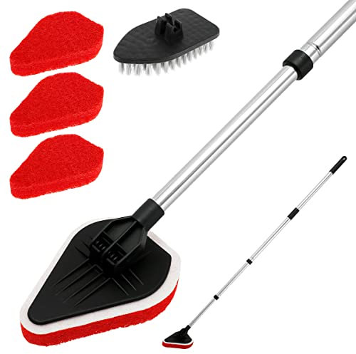 Scrub Cleaning Brush 2 in 1 Tub and Tile Cleaner with Extendable Long Handle Triangle Cleaning Scrubber with 4 Brush Heads for Toilet Bathroom Bathtub Kitchen Floor Wall Glass