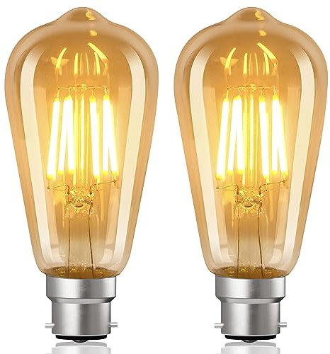 YUNRRD Vintage Bayonet Light Bulb 6W(60W Equilavent),B22 LED Edison Bulbs Warm White 2700K,ST64 Energy Saving Lightbulbs Bayonet,LED Filament Amber Retro Decorative Bulbs,600LM,220-240V,Pack of 2