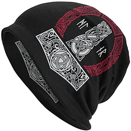 Wikinger Bedruckte Thors Hammer Beanie Mütze - Männer Frauen Verstellbare Doppelschicht Skullies Dünne Haubenkappen - Nordischer Pirat Mittelalterliche Hip Hop Mode Lässige Kopftücher