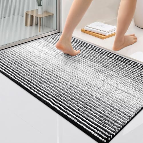 OLANLY Chenille Badezimmerteppich Weich Saugfähige Badematte rutschfest Badteppich Mikrofaser Badvorleger Waschbar Duschvorleger für Badezimmer - 60 x 90 cm, Schwarz