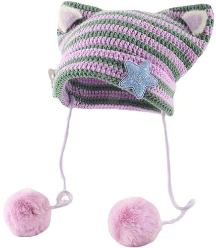 Y2k Beanie mit Katzenohren, Gyaru, Acubi-Teufel, Häkelmütze, niedlicher Kawaii-Stern, Grunge, ästhetische Pompons, Cutecore Y2k Harajuku Kleidung