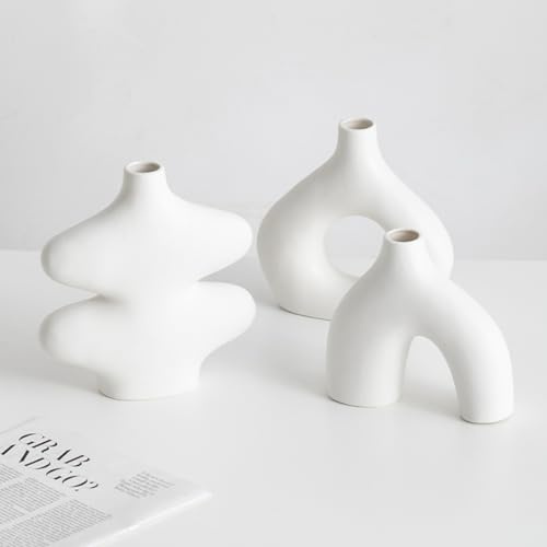 Deko Vasen 3er Set aus Keramik, Doppelberg Vase für Moderne Boho Nordic Minimalismus-Stil Dekoration, Blumenvase für Wohnzimmer, Hochzeit, Abendessen Tisch, Büro und Schlafzimmer - Weiß