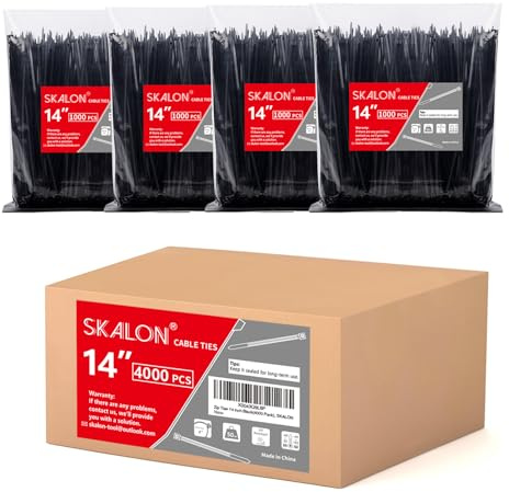 Zip Ties 14 inch (4000 Pack), 50 lb, UV Resistant Cable Ties, Black Wire Ties, Tie Wraps, SKALON