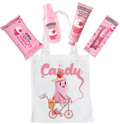 The Fruit Company Pack Regalo Fresa & Nata Candy con Bolsa de Tela – Colonia, Crema de Manos, Aceite Labial y Toallitas, Aroma Dulce Fresa Nata, Ideal para Regalar