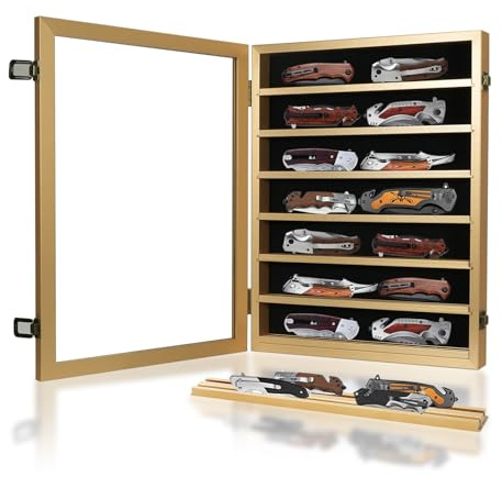 YRCKUDZKG Pocket Knife Display Lockable Wooden with HD Tempered Glass knife Cabinet, Stand Military Folding Knife Shadow Box Wall 7 Rows Knife Case with Removable Shelves, Gold