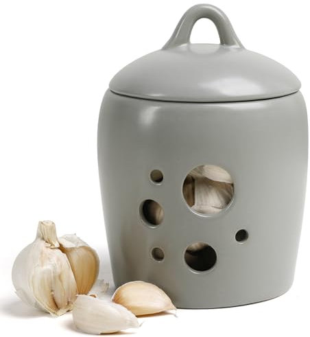 BosilunLife Keramik Knoblauchbehälter – Großes Fassungsvermögen (21 oz), mit Belüftungslöchern für frischen Knoblauch, Ideal für Zwiebeln, Kartoffeln, Ingwer & Gemüseaufbewahrung, Grau