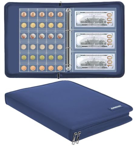 Coin Collection Book Holder for Collectors, 300 Pockets Fireproof Coins Collecting Album & 36 Sleeves Money Storage Case for Coin Currency Collection Supplies, Bill, Pennies, Quarters, Stamp,Blue