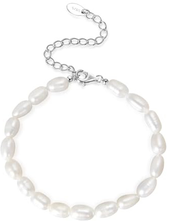 Candyfancy Pulsera de perlas para mujer, perlas de agua dulce, estilo barroco, pulsera de perlas para mujeres y niñas, pulsera de perlas ajustable de plata 925, 16 Zentimeter, Plata de ley