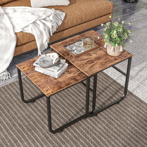 FOUBAM Couchtisch Industrial Style 2er Set Satztische Beistelltisch Sofatisch Kaffeetisch, verschachtelte Beistelltische aus Metall und Holz,für kleine Räume,Vintage Sofa Tisches, Schwarz und Braun