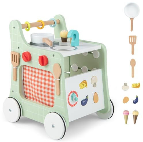 FANTASK 6 in 1 Lauflernwagen aus Holz, Lauflernhilfe mit Spielküche, Lernuhr, Formanpassung & beweglichem Schieber, Kinderküche Baby Walker mit Rädern für Kinder ab 1 Jahr (Grün)