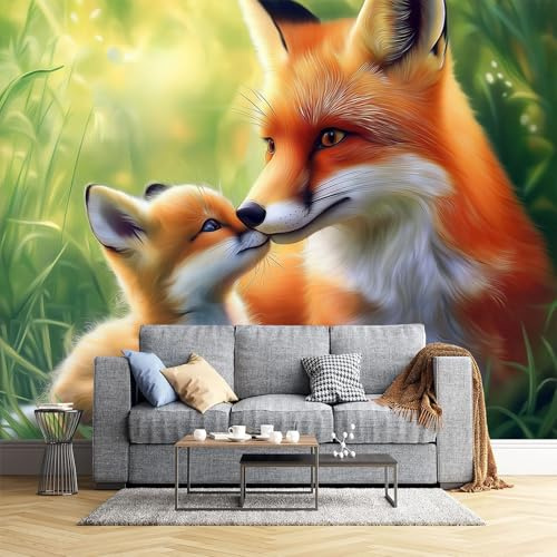 JEDTAKCT Papier Peint Panoramique Renard Faune À L'Aquarelle 350X256Cm Soie Fresque Murale - Décoration Murale Moderne – Pour Salon Chambre D'Enfants Restaurant Murale