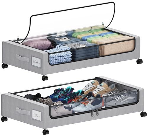 Tututry Under Bed Storage with Wheels, 2-Pack Under Bed Storage Containers, XXL 60L Under Bed Shoe Storage with Clear Lids & Label, Rolling Drawers & Storage box for Shoes,Clothes, Toys - Gray
