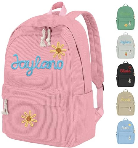 WolunLi Personalisierter Rucksack für Mädchen und Jungen, Cord-Rucksack mit Namen und süßem Symbol für Kinder, Rosa, 38 x 28 x 12 cm