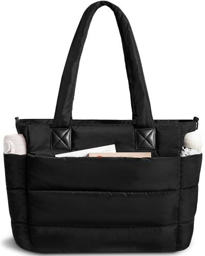 Tote Bag for Women Puffer Tote Bag Large Quilted Nurse Bag with Zipper for Work Travel (Black)