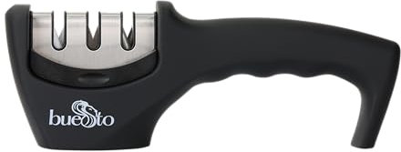 BUESTO Knife Sharpener – 3-Stage Manual Sharpener for Kitchen Knives, Serrated & Stainless Steel – Ergonomic Grip, Non-Slip Base, Restores Razor Sharp Edge – Compact & Gift-Ready Tool