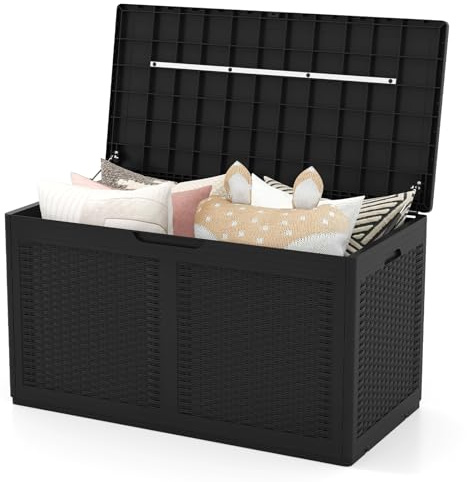 COSTWAY Baule da Esterno 380 L, Cassapanca Contenitore Impermeabile in Effetto Rattan con Coperchio Bloccabile e Ruote, Baule Salvaspazio per Mantenere Cuscini e Attrezzi da Interno e Esterno (Nero)