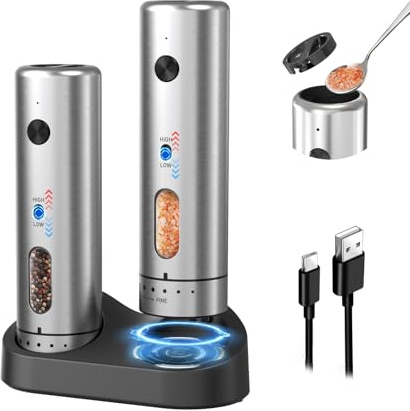 CIRCLE JOY Electric Salt and Pepper Grinder Set, Rechargeable 2 Speeds | Upgraded Top-Fill Salt and Pepper Shakers with External Adjustment, Led Light, Stainless Steel Grinder & 176ml Refill