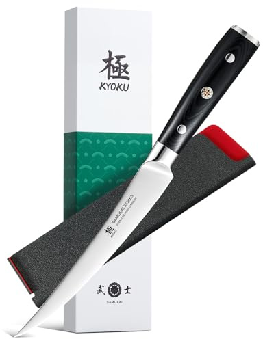 KYOKU 6 in. Japanese Boning Knife, Samurai Series Slim Curved Knife for Boning with Pakkawood Handle, German 1.4116 Stainless Steel Full Tang Meat Deboning, with Protective Sheath & Gift Box