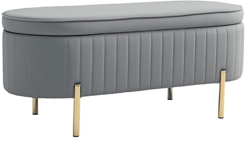 HOMCOM Panca Contenitore Ingresso Ovale 72L Design Scanalato con Coperchio Sollevabile, Seduta Imbottita, Panca Fondo Letto Pouf Cassapanca in Velluto, Struttura in Legno di Pino, 108x44x43.5cm,Grigio