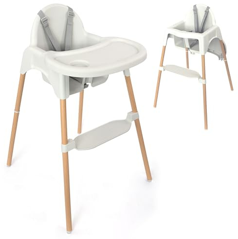 Zamboo Hochstuhl Baby ab 6 Monate | leichter Kinderhochstuhl (3,5 kg) mit edler Holzoptik, großem abnehmbarem Tablett und 5-Punktgurt | EN 14988:2017 geprüft, kippsicher, bis 15 kg - Grau