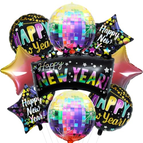 Ballons Nouvel An, 9 Pièces XXL Décoration de Nouvel Feuille Aluminium Ballons, Bonne Année Avec Disco, Happy New Year et étoilés