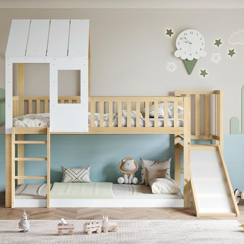 ModernLuxe 3FT Wooden High Sleeper Bed 90×190 cm with Storage Space, Ladder, Roof & Windows, Solid Wood Loft Bed Frame with Safety Guard Rails, White & Natural Pine (No Mattress)