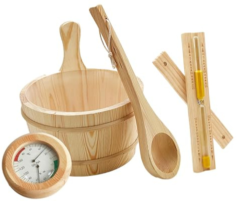 Fenteer 4-teiliges Sauna-Zubehörset: Thermometer, Ausrüstung, Schöpfkelle, tragbar und Hochwertiger Saunaeimer aus (4 l).
