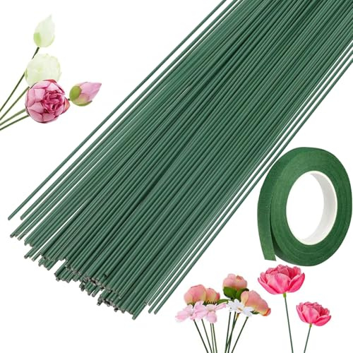 YIKUBO 100PCS Green Florist Wire 2mm,30cm long with 1 Roll of Flower Tape, Wire Starms Floristry Supplies for Bouquet Wrap Florist Crafts DIY Kits
