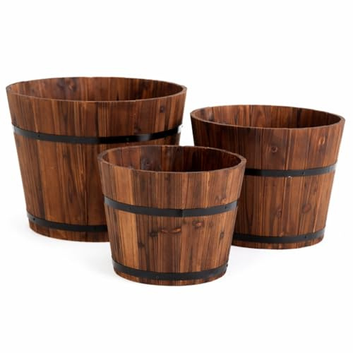 Garden Gear Rustic Wooden Barrel Planter Burnt Fir Wood Oak Style Design Metal Bands Handles Outdoor Garden Pot (3 Piece Set (S, M & L))