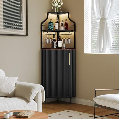 HOLTICO Barschrank, Weinschrank mit Verstellbarem Regal Eckschrank mit Glashalter Minibar für Küche, Wohnzimmer, Esszimmer, Schwarz
