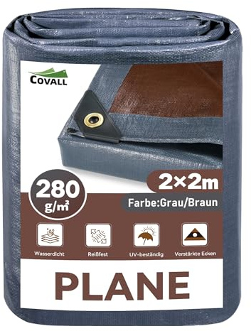 COVALL Abdeckplane 2x2m 280g/m² Schwerlastplane mit Ösen | 920N reißfest | Grau/Braun Plane, UV-beständig, wasserdicht, allwetterfest, Universalplane, Gartenmöbel, Pool, Holz, Camping, Bau