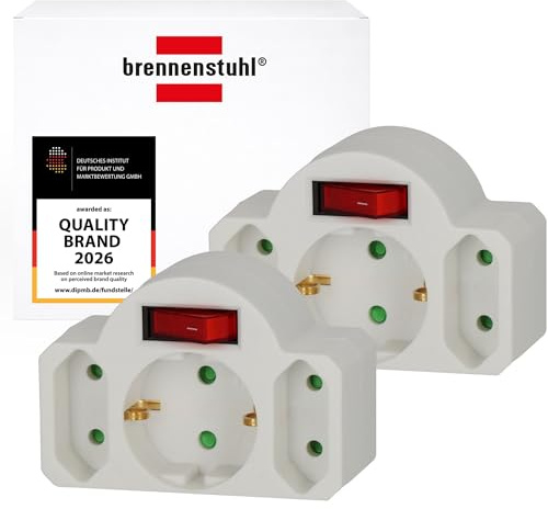 Brennenstuhl 2-pack grenuttagsadapter, 3-vägs uttagsadapter med strömbrytare (mellanadapter med 2x Euro-uttag och 1x skyddsjordat uttag) vit