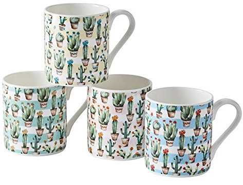 Juego de 4 tazas de porcelana fina, diseño de cactus de la colección Graduate Collection, diseñadas por Natalie Adams, diseño de cactus de porcelana fina, azul, verde, rosa y amarillo, diseñadas y