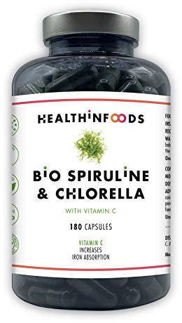 Healthinfoods | Espirulina Y Chlorella Premium | Con 120 Mg De Vitamina C | Detox, Saciante, Aumenta La Absorción De Hierro, Calcio Y Proteínas | Vegano | 180 Cápsulas, 159 g