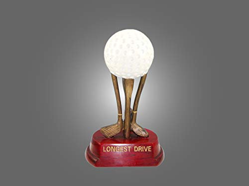 Henecka ⛳️ Golf-Pokal, Resin-Figur Golfball & Schläger -Longest Drive-, Golf Trophäe, weiß-altgold & Sockel DKL.rot, mit Wunschgravur
