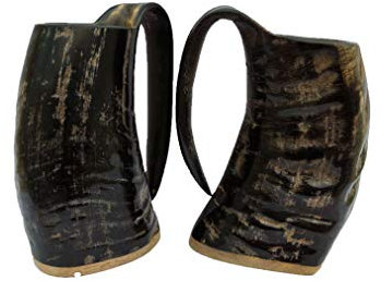 Set of 2 Viking Drinking Horn Mug, 100% Authentic Medieval Beer Horn Tankard with Wood Surface, 16 Oz Vikings Horn Cup, Food Grade Ale Mead Tankard, Groomsmen Wedding Gift, Corporate Gifts