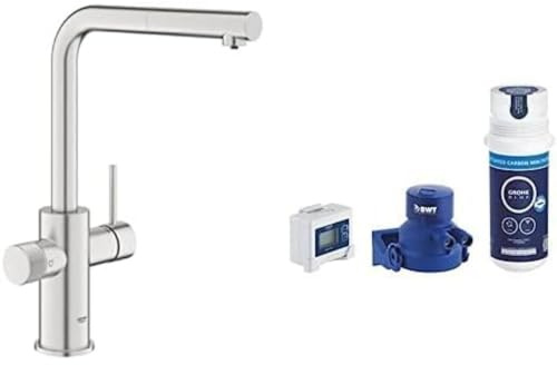 GROHE Blue Pure Minta Kitchen Sink 3 Ways Pull Out Mixer Tap with Under Sink Water Filter Activated Carbon Filter Starter Set (High L-Spout, Capacity 1500 L, Tails 3/8″, Easy to Fit), Stainless Steel