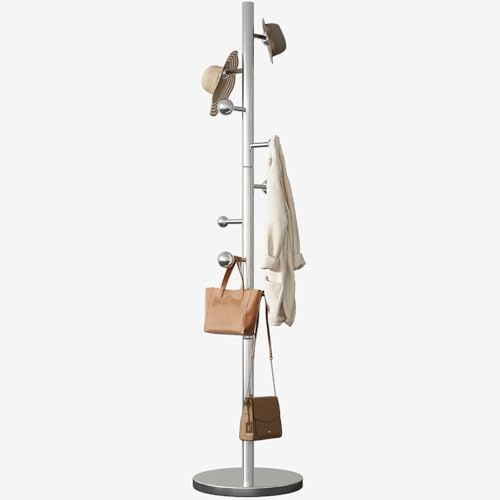 GAMNOF Garderobenständer, freistehend, mit 8 Haken, robuster Kleiderbügel, Ständer, Metall, Kleiderständer, für Jacken, Hüte, Kleidertaschen, Edelstahl, Flur, Baum, Hutständer für Eingangsbereich
