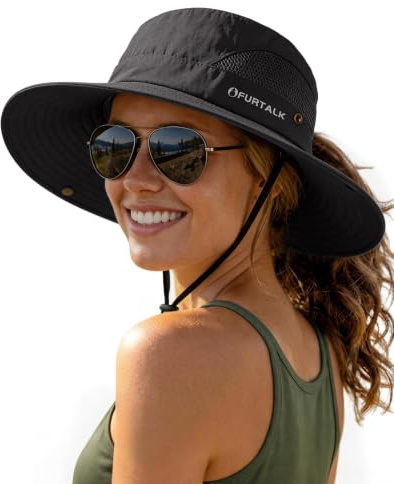 FURTALK Womens Sun Hat Beach Summer Wide Brim UPF 50+ Outdoor Protection Foldable Lightweight Ponytail Bucket Hat Black, One Size