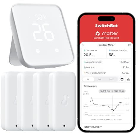 SwitchBot Thermometer Hygrometer Innen 4Pack mit Hub2, Wlan & Bluetooth Außenthermometer Luftfeuchtigkeitsmesser, App-Benachrichtigungen, Kompatibel mit Apple Home, Alexa, GoogleHome, IFTTT